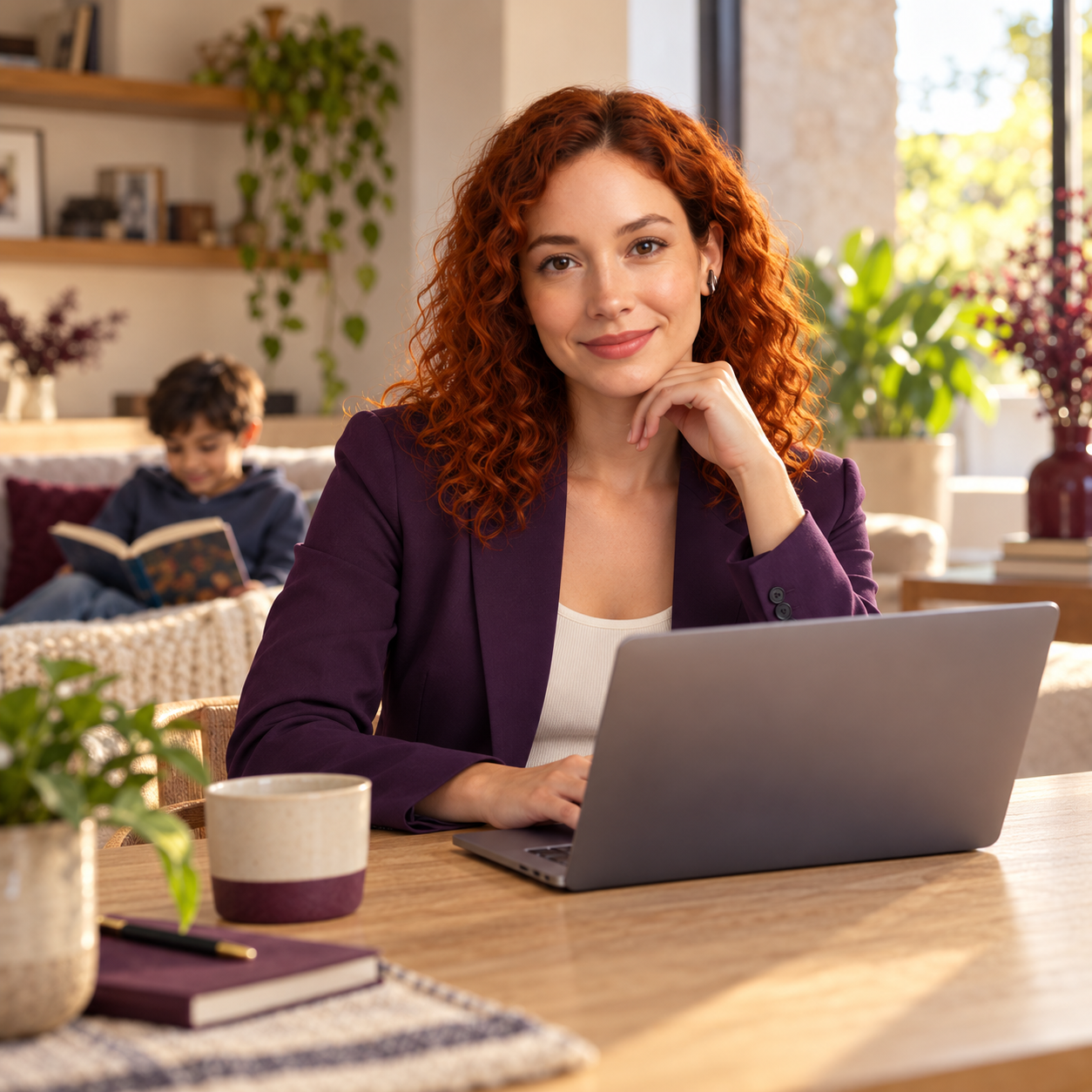 Rihiana, personaje de Rivernet, en casa con su laptop y su hijo leyendo al fondo